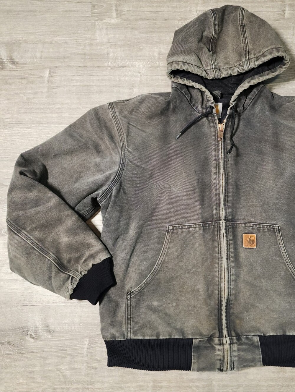 VINTAGE CARHARTT J130 BLK Faded Black Worn Zip Up Hooded Workwear Jacket Large